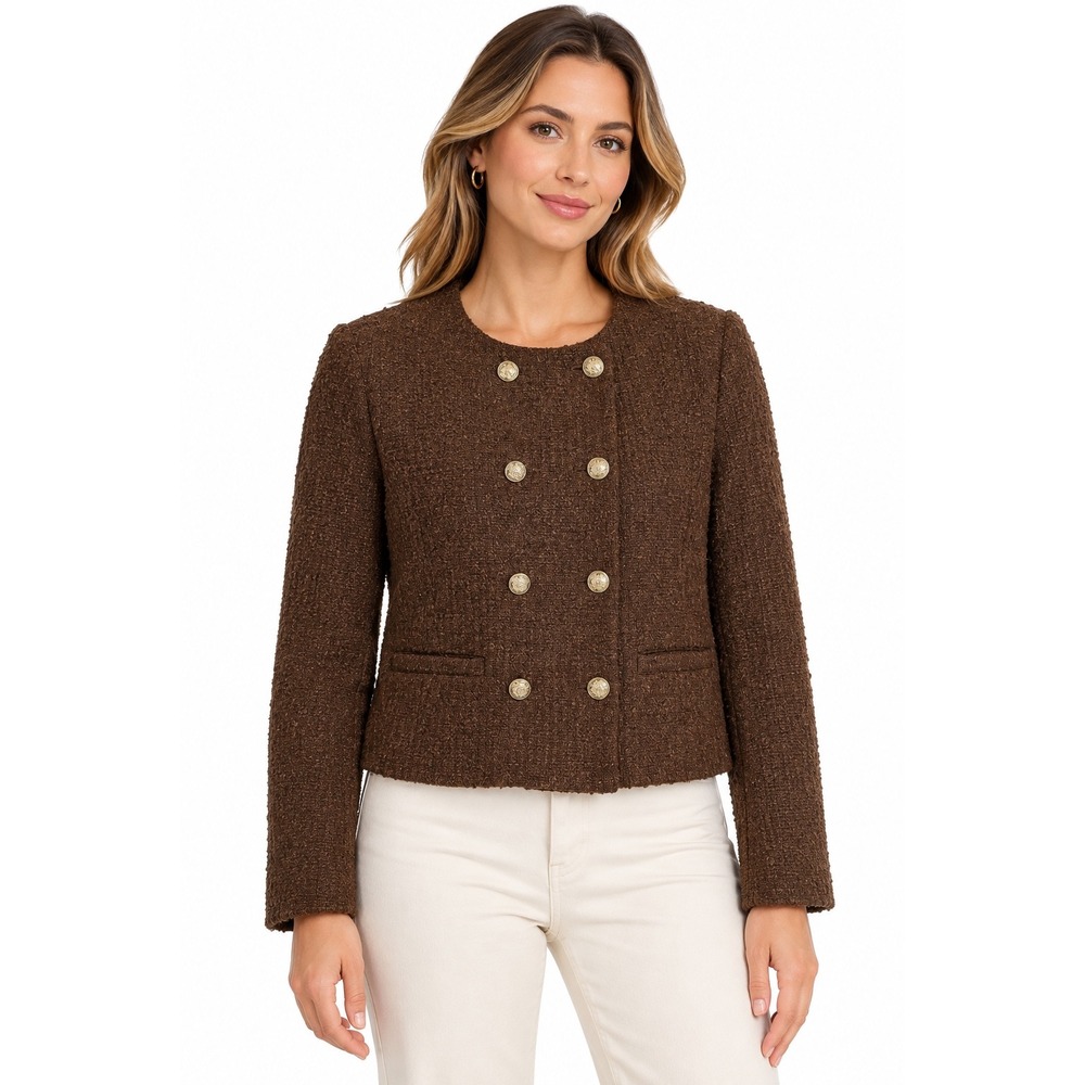 LOFT Tweed Blazer Womens XL Brown Double Breasted Gold Buttons Collarless
